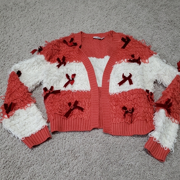 Mighty Fine Sweaters - Mighty Fine Red and White Cardigan with Bow Details